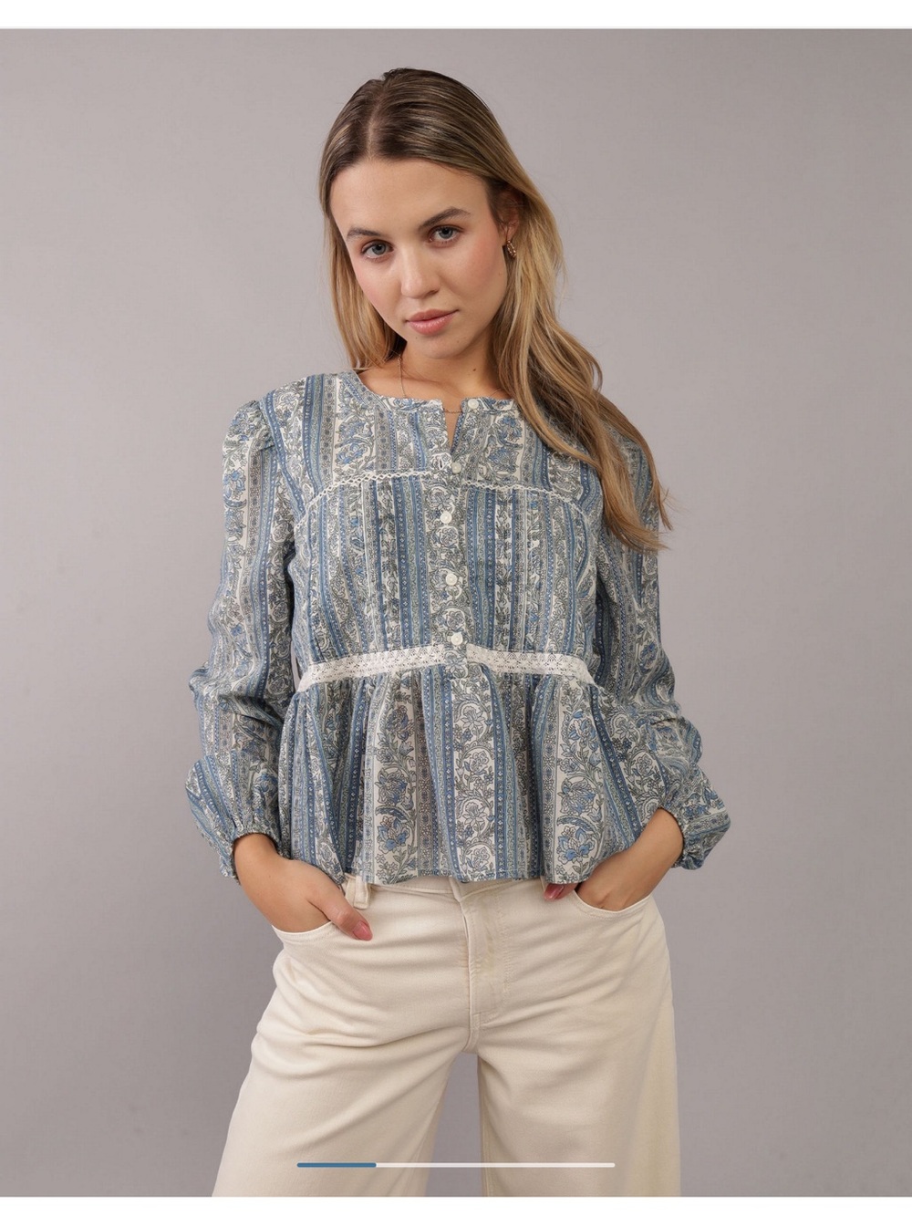 American Eagle Outfitters Blue Paisley Peplum Button-Up Blouse (sample top)
